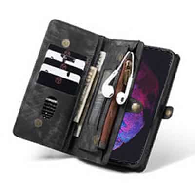 SupRShield Samsung Galaxy S23 Zipper & Detachable Retro Leather Pouch With Chain Wallet Flip Purse Bag Detachable Phone Case Cover (Black)