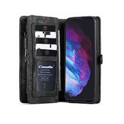 SupRShield Samsung Galaxy S23 Zipper & Detachable Retro Leather Pouch With Chain Wallet Flip Purse Bag Detachable Phone Case Cover (Black)