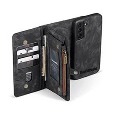 SupRShield Samsung Galaxy S23 Zipper & Detachable Retro Leather Pouch With Chain Wallet Flip Purse Bag Detachable Phone Case Cover (Black)