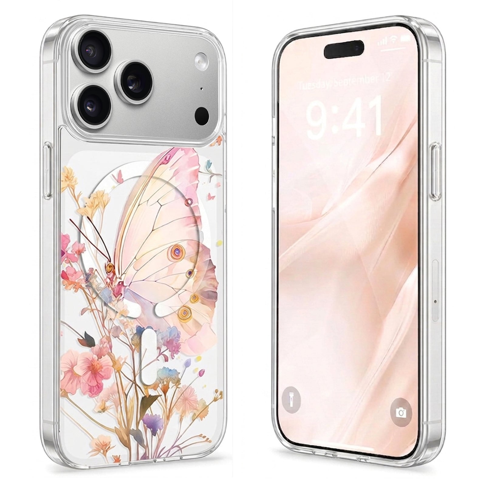 For Apple iPhone 17 Pro/18 Pro | 17 Pro Max / 18 Pro Max Clear Transparent MagSafe Magnetic Flower /Butterfly Pattern TPU Printed Back Case Cover