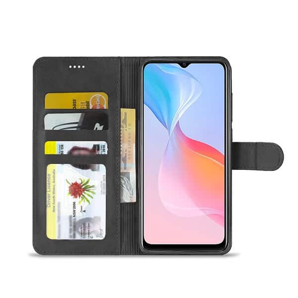 Vivo Y21 2021 Wallet Case Flip Leather Card Slots Shockproof Magnetic Stand Cover (Black)