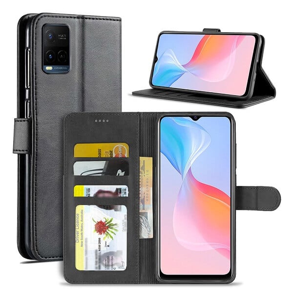 Vivo Y21 2021 Wallet Case Flip Leather Card Slots Shockproof Magnetic Stand Cover (Black)