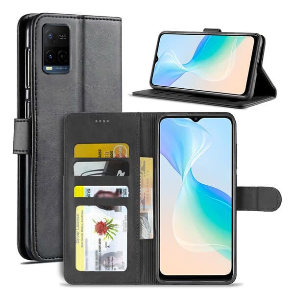 Vivo Y33S Wallet Case Flip Leather Card Slots Shockproof Magnetic Stand Cover (Black)