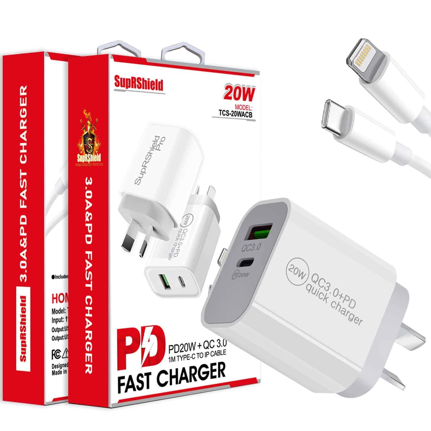 20W QC3.0 PD+USB SupRShield Fast Charging Charger Wall Plug Adapter + PD Type C to Lightning Data Sync Cable for Apple iPhone iPad iPod