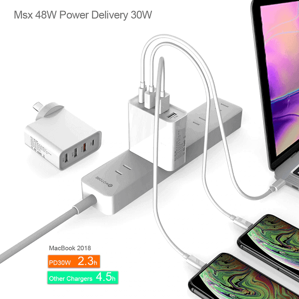 Qualcomm QC3.0 4 Ports 48W PD Fast Charging Charger Multi PD30W +QC18W Wall Plug Adapter (White)