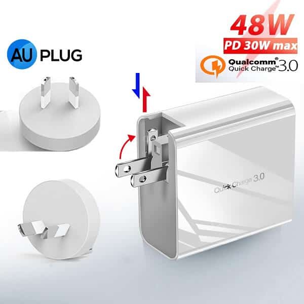 Qualcomm QC3.0 4 Ports 48W PD Fast Charging Charger Multi PD30W +QC18W Wall Plug Adapter (White)