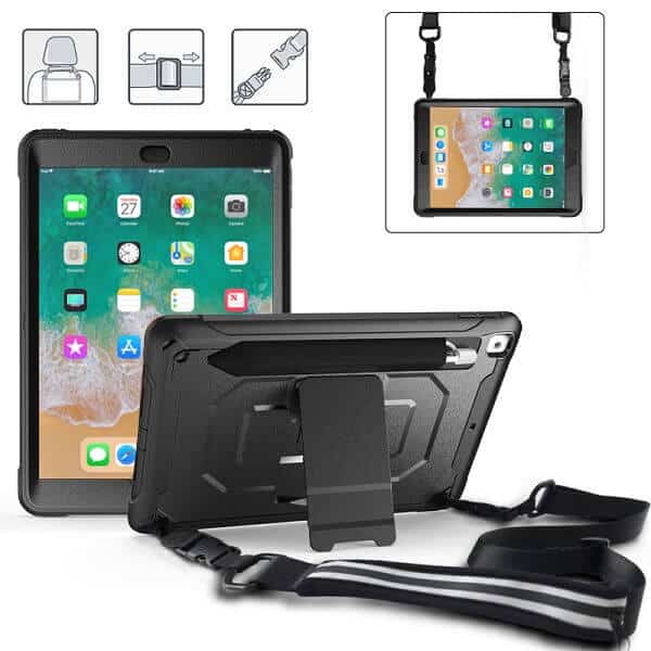 For Apple iPad 9.7 inch 6th/5th Gen/Air 1/2 For Pencil Holder Shockproof Heavy Duty Kickstand Shoulder Belt Carry Strap +Pen Holder Case Cover