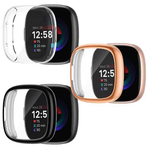 [3 Pack] For Fitbit Sense 2 Screen Protector Case Compatible Ultra Thin Soft Gel TPU Full Coverage Protective Bumper Cover (Black+ Clear + Rose Gold)