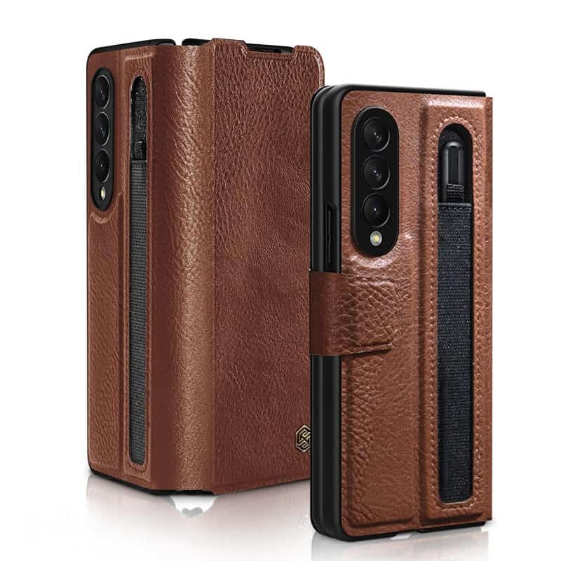 Nillkin Samsung Galaxy Z Fold 4 5G Phone Case with S Pen Holder, PU Leather Protective Case with Flip Cover and Kickstand (Brown)