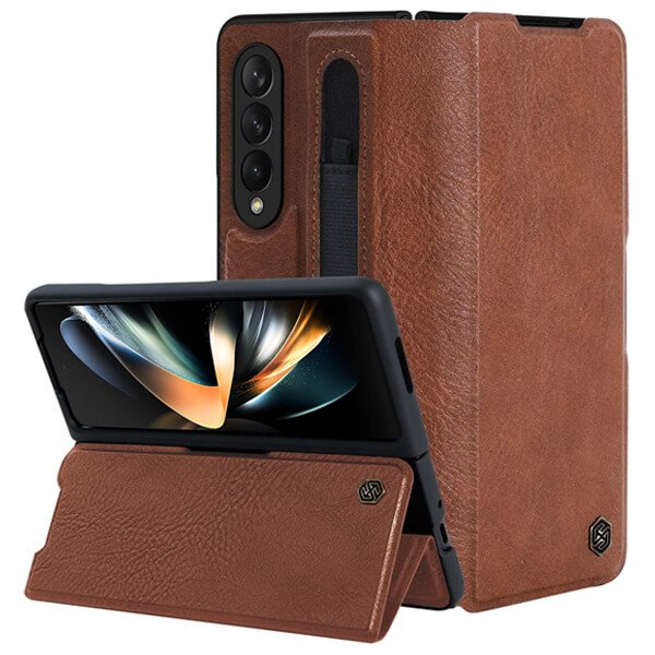 Nillkin Samsung Galaxy Z Fold 4 5G Phone Case with S Pen Holder, PU Leather Protective Case with Flip Cover and Kickstand (Brown)