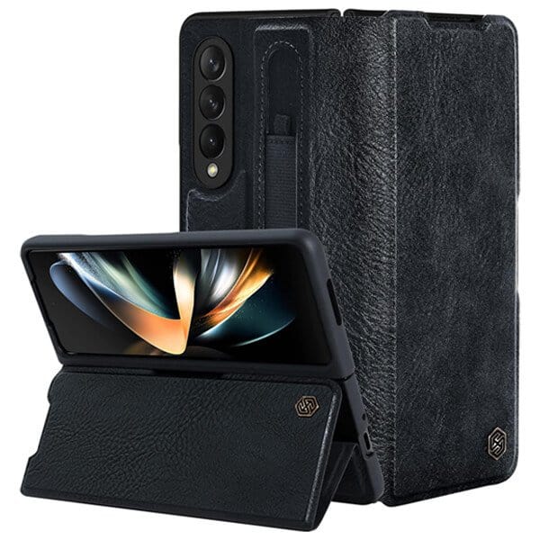 Nillkin Samsung Galaxy Z Fold 4 5G Phone Case with S Pen Holder, PU Leather Protective Case with Flip Cover and Kickstand (Black)