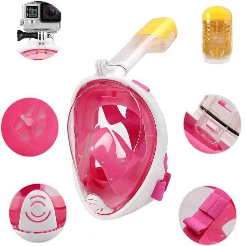 Snorkel Mask Full Face Diving Swimming Scuba Detachable Breathing Tube with Action Camera Mount Adapter Anti-Fog Panoramic 180° View Design for Man Woman Adult Kids (Pink)
