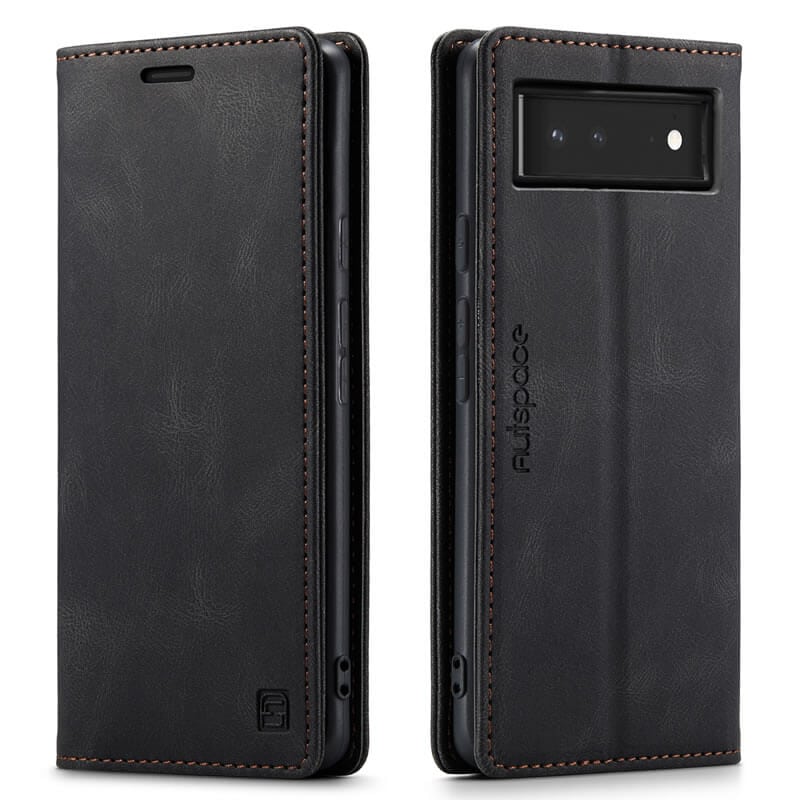 AutSpace For Google Pixel 6 Case RFID Blocking Retro Flip Premium Leather Card Holder Wallet Cover - Black