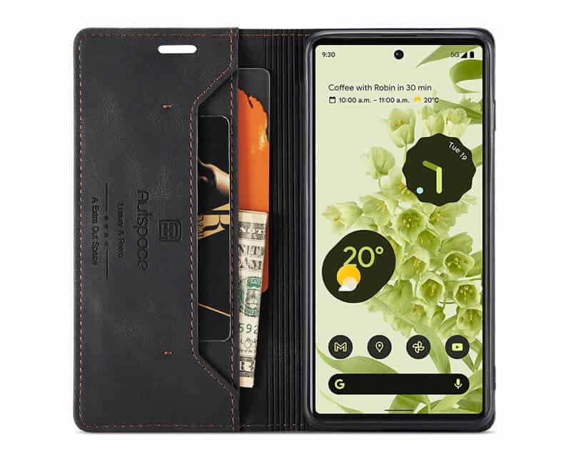 AutSpace For Google Pixel 6 Case RFID Blocking Retro Flip Premium Leather Card Holder Wallet Cover - Black