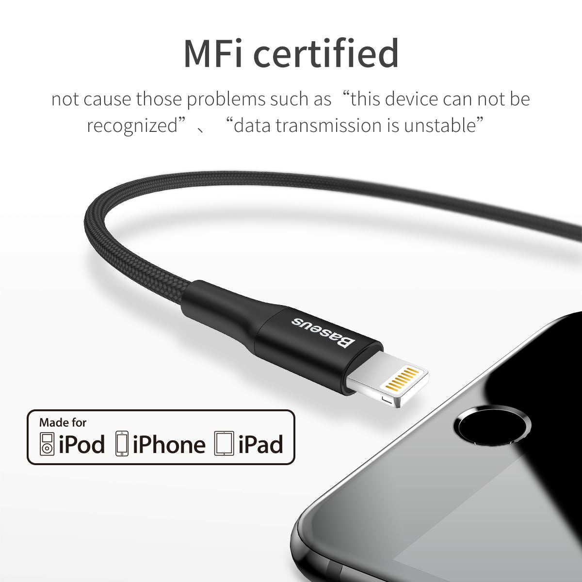 Baseus 1.2m USB-A to Lightning Fast Charging & Data Sync Cable, Nylon Braided 8-Pin Cord for Apple iPhone 14/13/12/11, iPad & iPod – Black