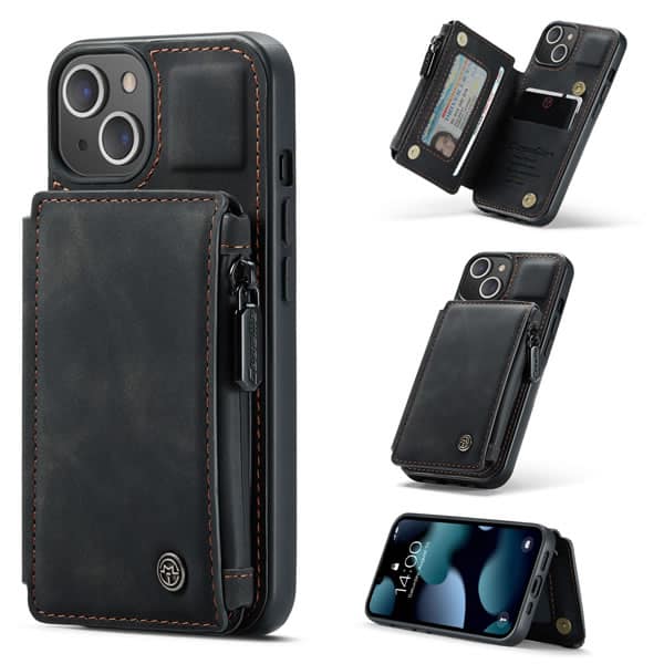 For Apple iPhone 15/14/13 /13 Pro / 13 Pro Max / 13 Mini CaseMe Back Zipper Wallet Case W/ 3 Card Slots, RFID Blocking, 1 Money Pocket, Credit Card Holder Leather Cover