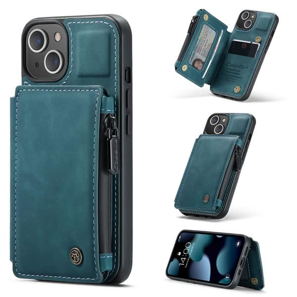 For Apple iPhone 15/14/13 /13 Pro / 13 Pro Max / 13 Mini CaseMe Back Zipper Wallet Case W/ 3 Card Slots, RFID Blocking, 1 Money Pocket, Credit Card Holder Leather Cover