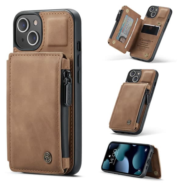 For Apple iPhone 15/14/13 /13 Pro / 13 Pro Max / 13 Mini CaseMe Back Zipper Wallet Case W/ 3 Card Slots, RFID Blocking, 1 Money Pocket, Credit Card Holder Leather Cover