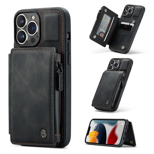 For Apple iPhone 15/14/13 /13 Pro / 13 Pro Max / 13 Mini CaseMe Back Zipper Wallet Case W/ 3 Card Slots, RFID Blocking, 1 Money Pocket, Credit Card Holder Leather Cover