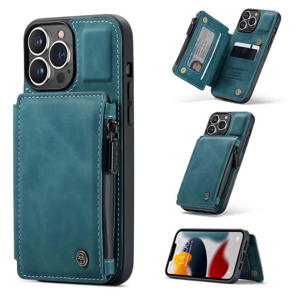For Apple iPhone 15/14/13 /13 Pro / 13 Pro Max / 13 Mini CaseMe Back Zipper Wallet Case W/ 3 Card Slots, RFID Blocking, 1 Money Pocket, Credit Card Holder Leather Cover