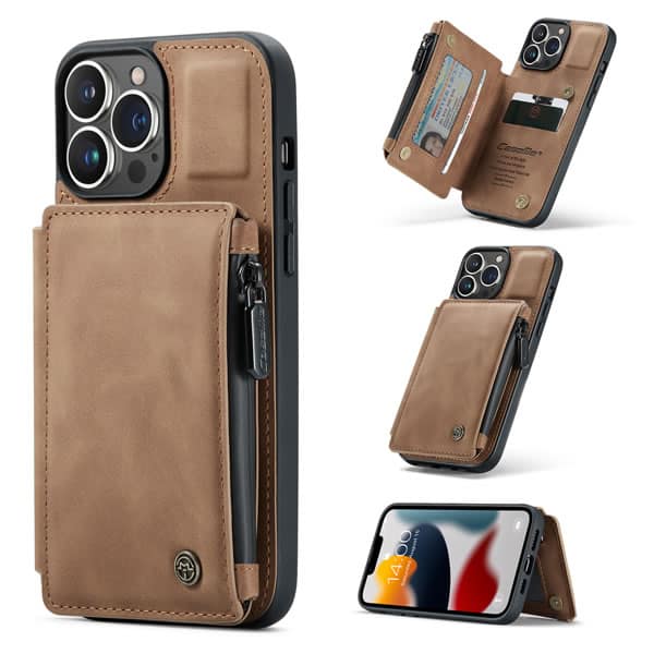 For Apple iPhone 15/14/13 /13 Pro / 13 Pro Max / 13 Mini CaseMe Back Zipper Wallet Case W/ 3 Card Slots, RFID Blocking, 1 Money Pocket, Credit Card Holder Leather Cover