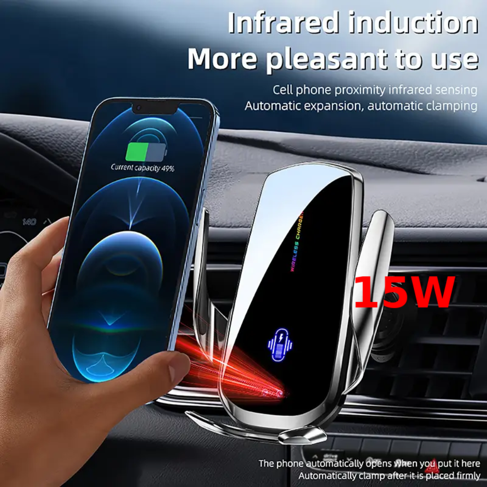 15W Fast Wireless Car Charger with Smart Sensor Auto Clamping Phone Holder Mount for Air Vent, Fast Charging for iPhone & Samsung Galaxy Models