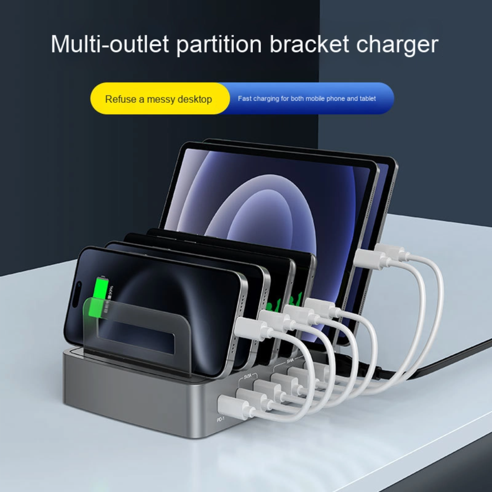 72W 6-Port USB-C PD3.0 & QC3.0 Fast Charging Dock Station with Phone & Tablet Holder – Multi-Device Desktop Charger for iPhone, iPad, Samsung & Android
