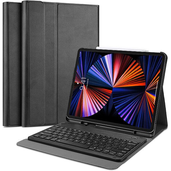 Apple iPad Pro 12.9 2021 Wireless Bluetooth Keyboard Case With Pencil Holder Leather Smart Cover (Black)
