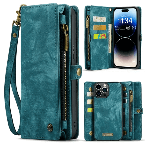 For Apple iPhone 15 Pro SupRShield Zipper & Detachable Retro Leather Pouch With Chain Wallet Flip Purse Bag Detachable Phone Case Cover