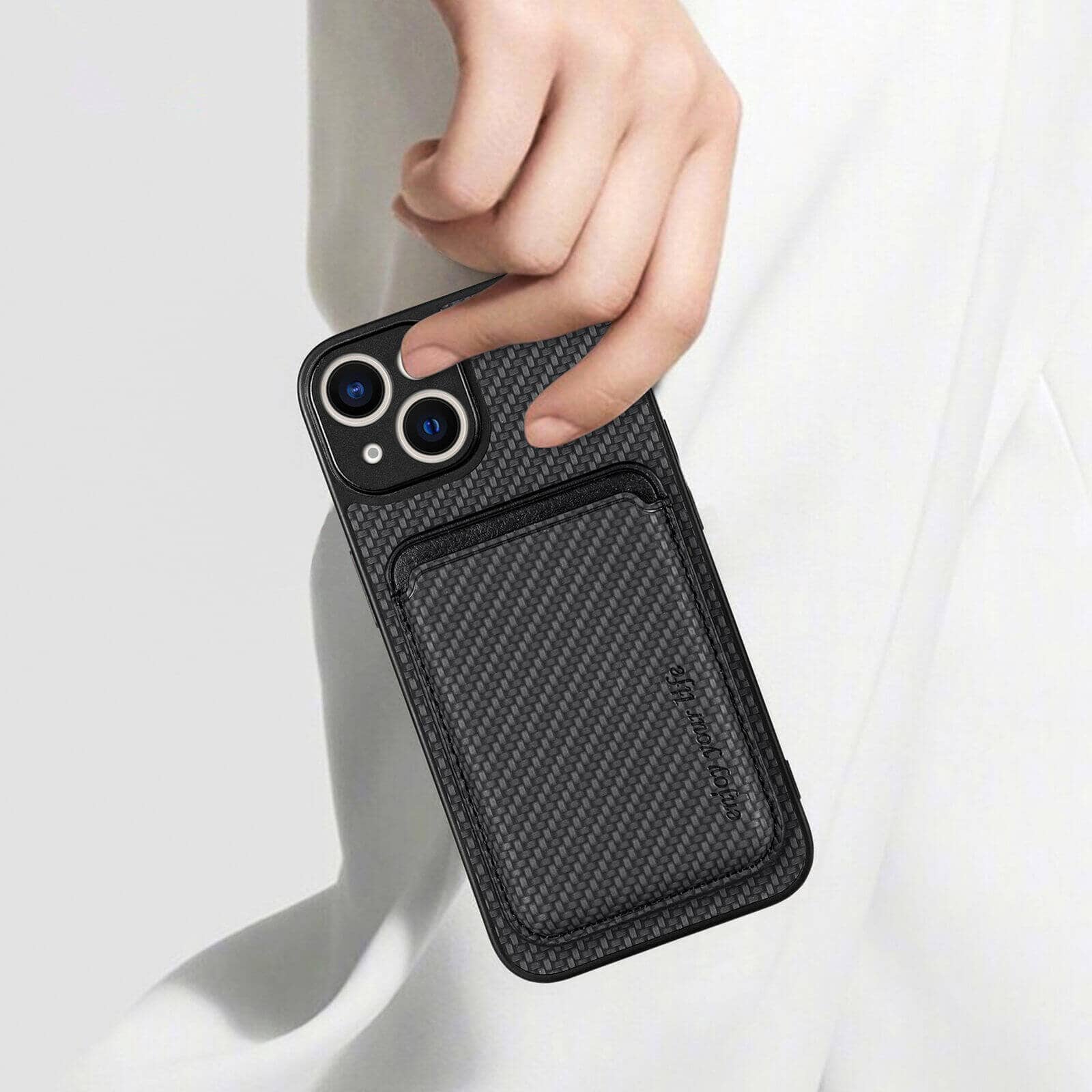 For Apple iPhone 15 MagSafe Card Holder, Carbon Fiber, Detachable Magnetic Wallet Slot Case Cover