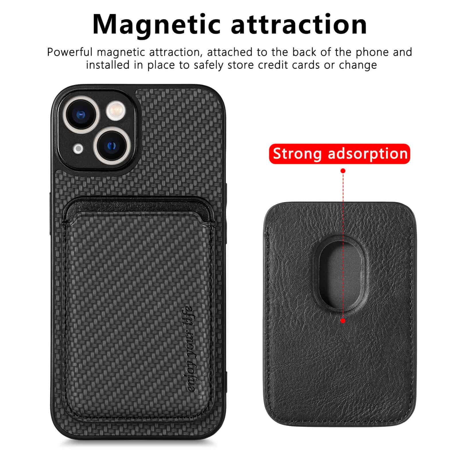 For Apple iPhone 15 MagSafe Card Holder, Carbon Fiber, Detachable Magnetic Wallet Slot Case Cover