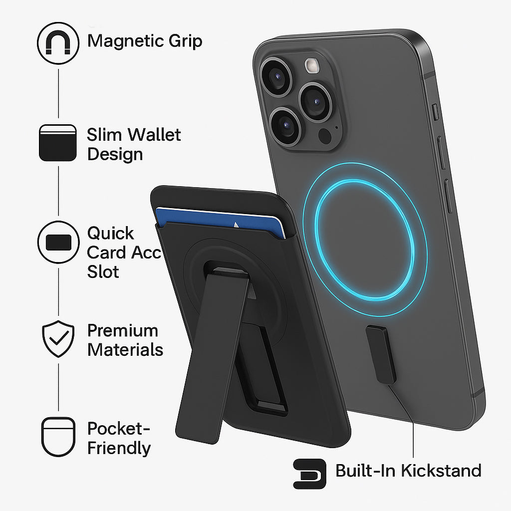 MagSafe Magnetic Card Holder Wallet with RFID Blocking & Kickstand for iPhone, Samsung, Google Pixel ( Universal)