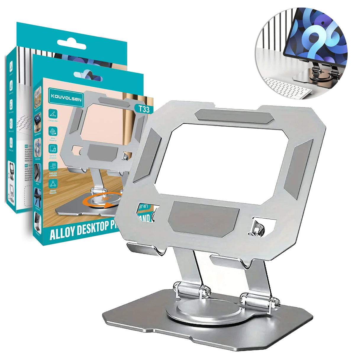 360° Rotating Adjustable Metal Tablet & Phone Stand Holder for 4–16 Inch iPad, iPhone, Samsung Galaxy Tab, Laptop & Desktop